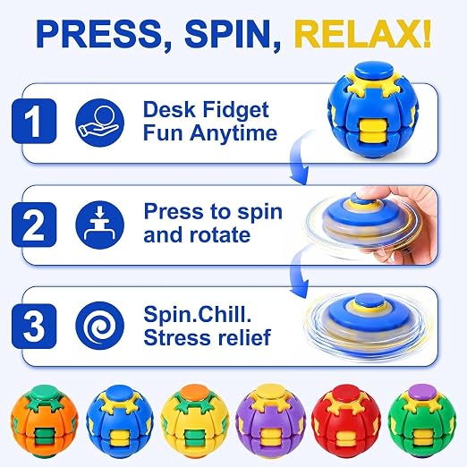 Focus Spinner Ball Fidget Toy, PRE-Booking Press-to-Spin 360° Rotating Stress Relief Ball, Fidget Toy for Kids & Adults, Press and Spin Ball Anxiety Relief, Desk Toy